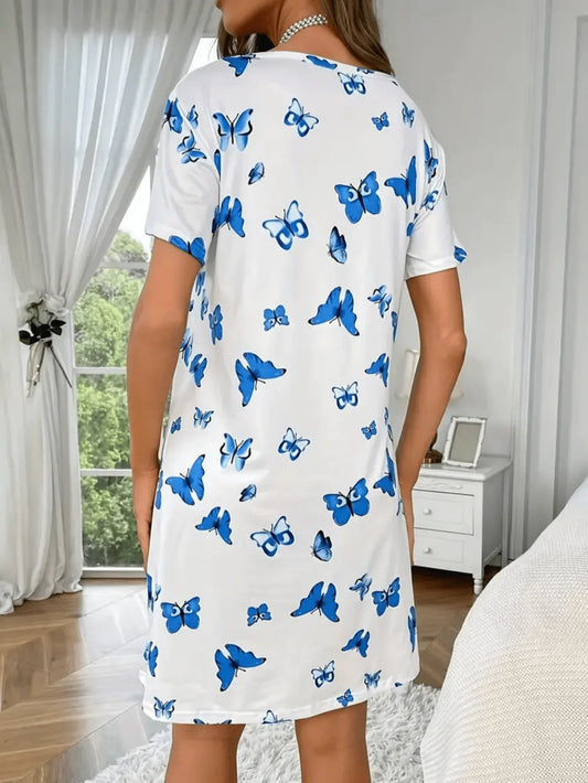 Butterfly Print Short-Sleeved Loose Women's Nightgown Loungewear