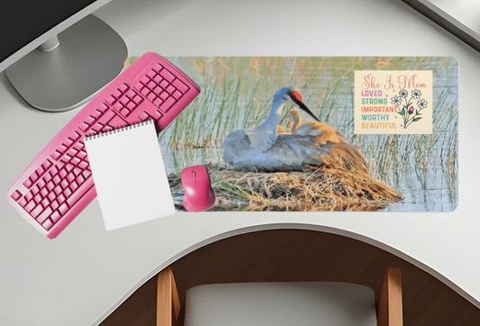 Desk setup with pink keyboard, mouse, and mouse pad featuring a nature scene and motivational quote.