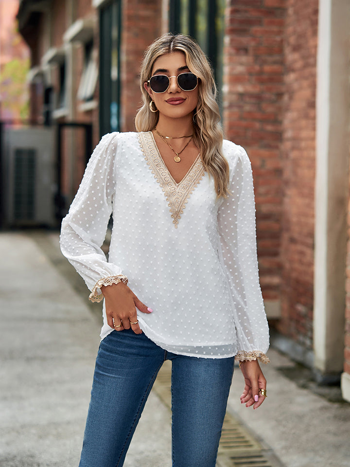 Women's White Swiss Dot V-Neck Long Sleeve Blouse