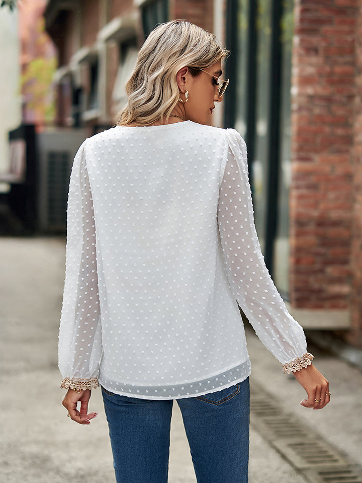 Women's White Swiss Dot V-Neck Long Sleeve Blouse