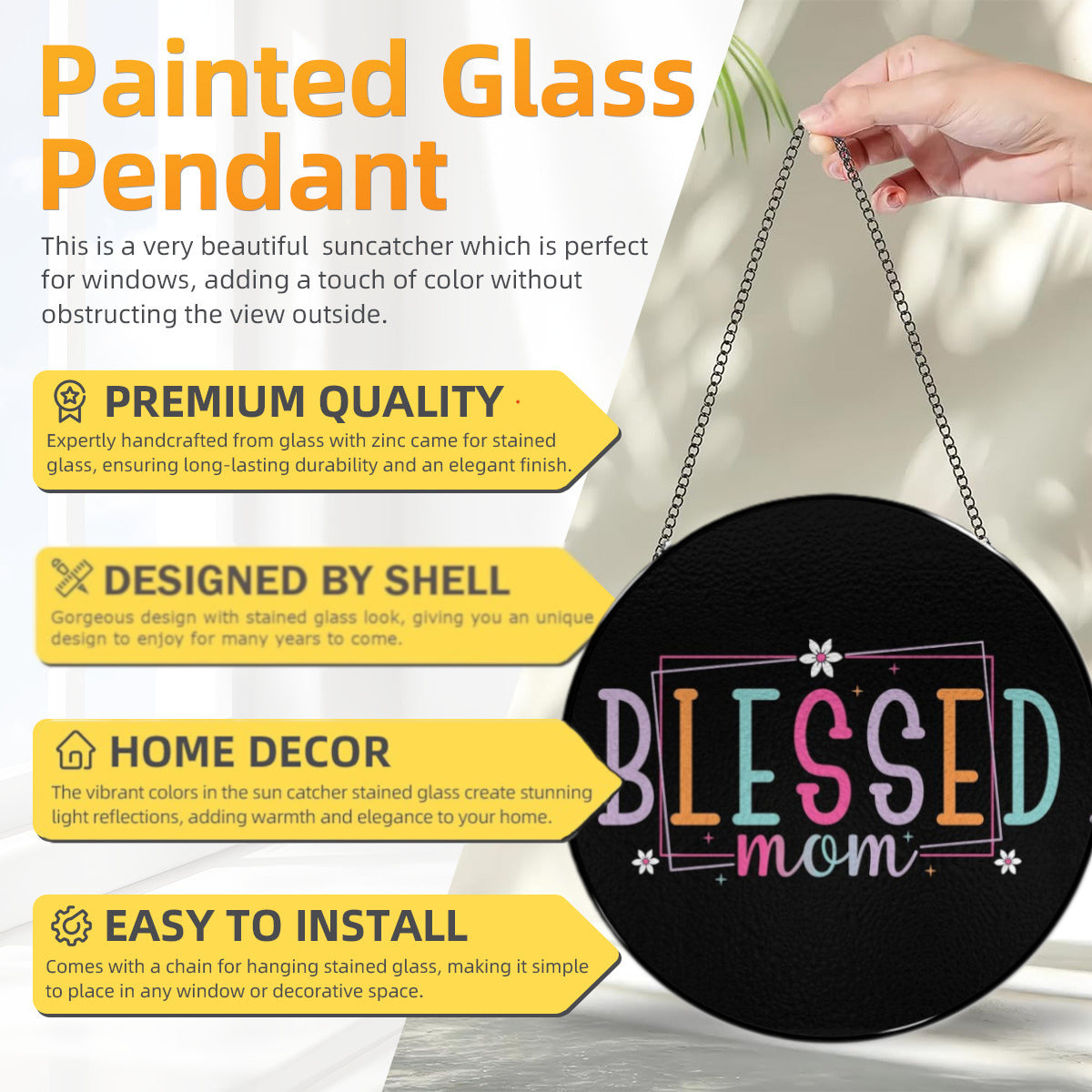 Blessed Mom Black Glass Suncatcher with Chain