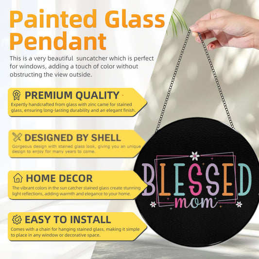 Blessed Mom Black Glass Suncatcher with Chain