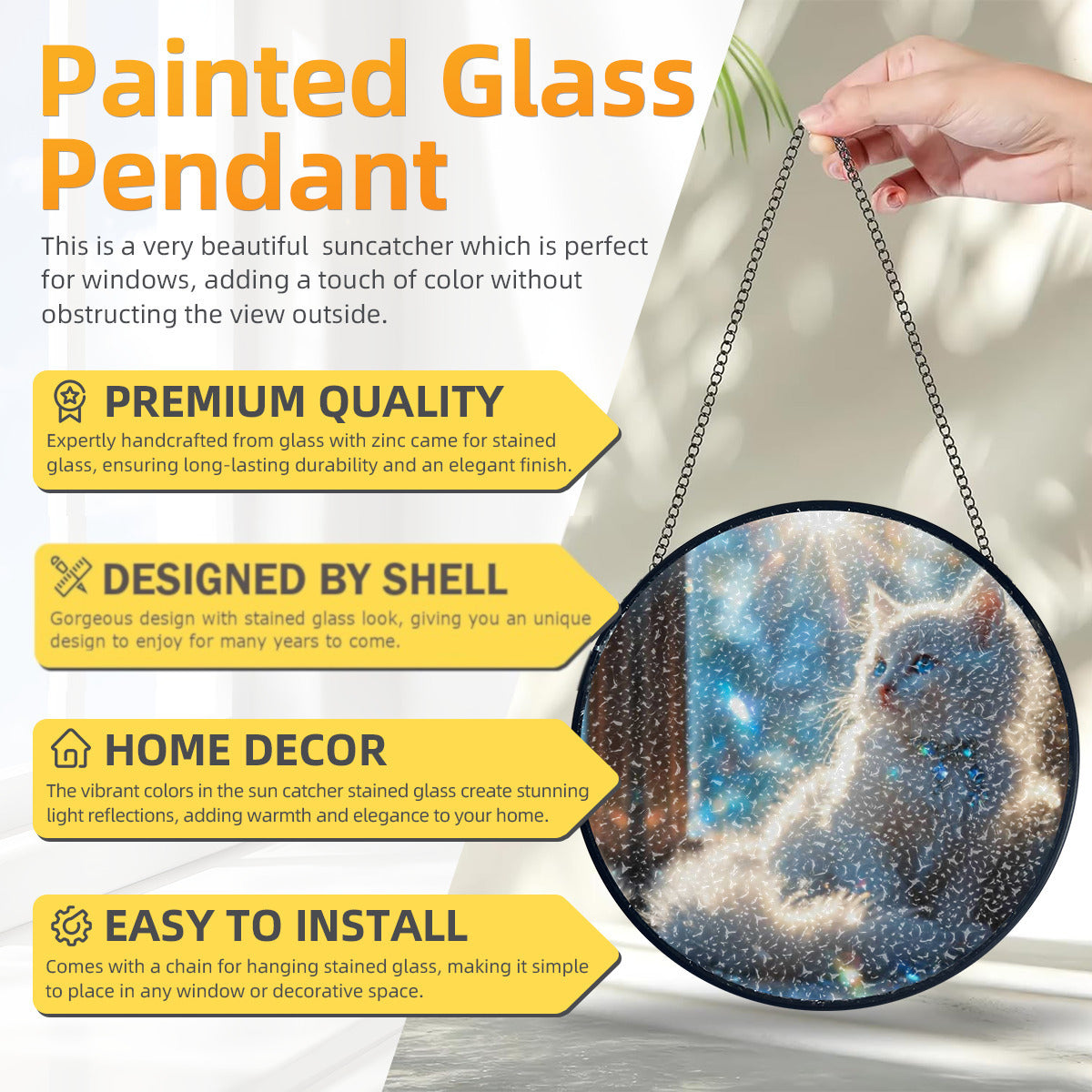 Painted glass pendant with cat design, held by a hand, on a white background with text highlighting features.