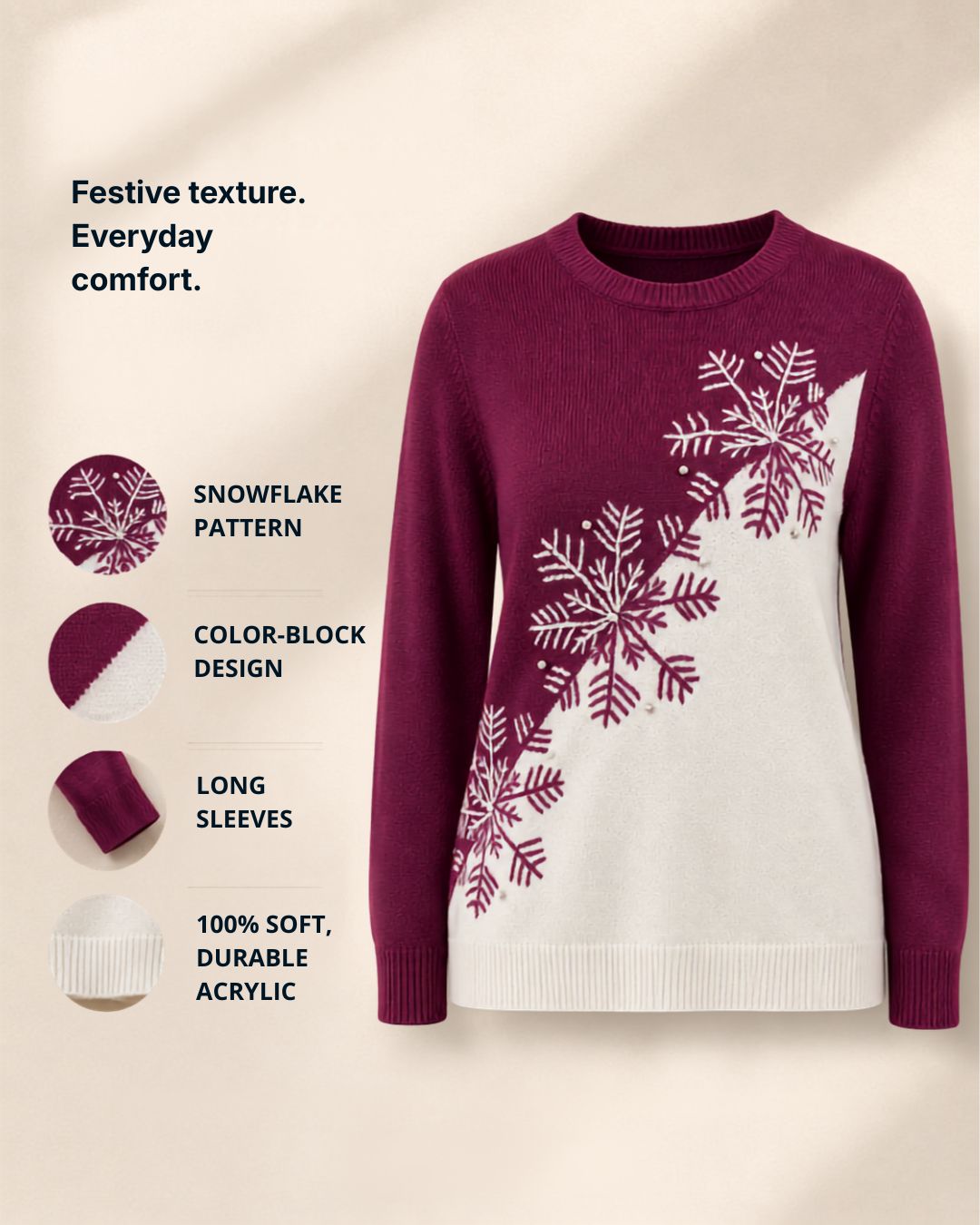 Women's Snowflake Color Block Holiday Crewneck Sweater — 100% Acrylic