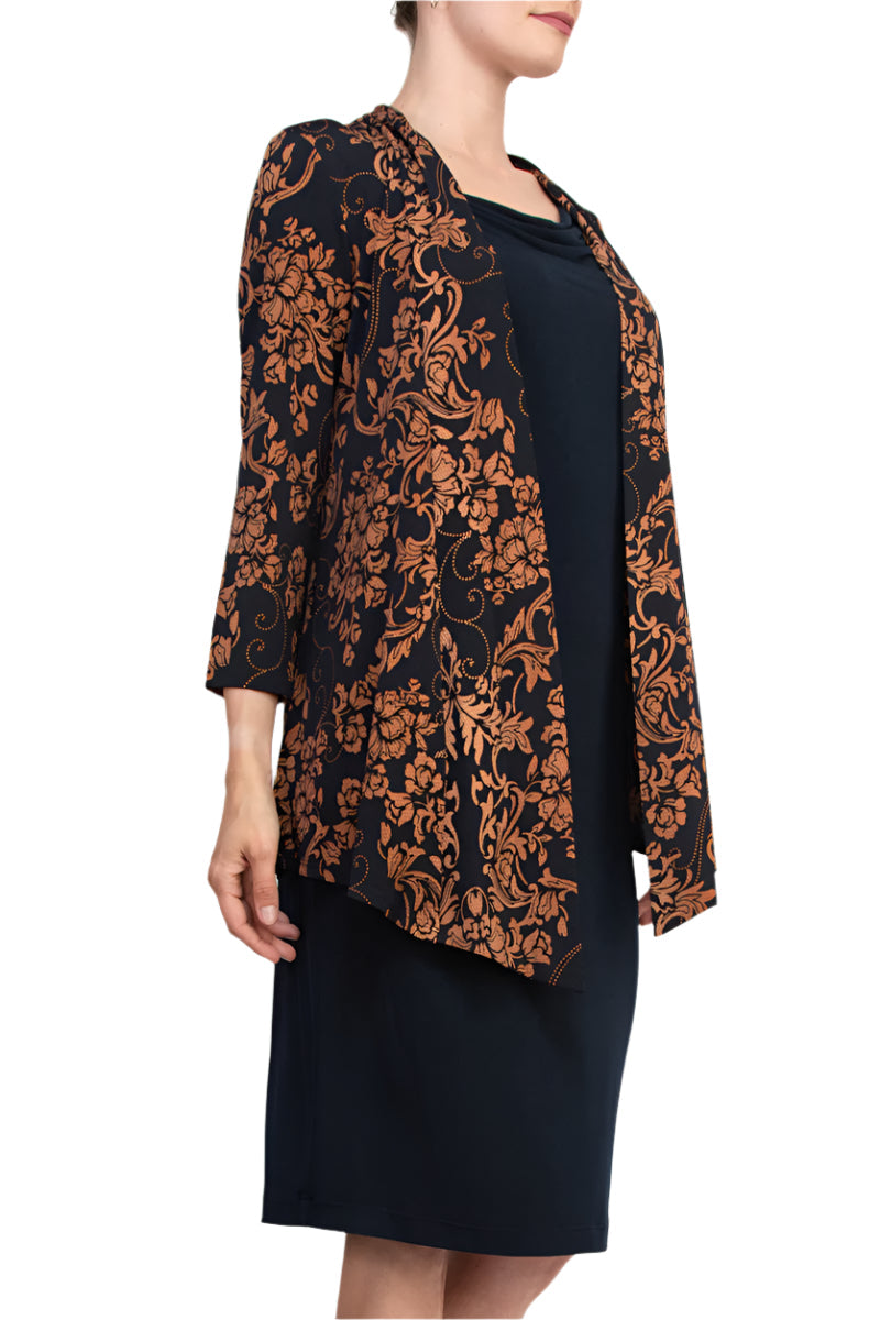 Connected Apparel Cowl Neck Straight Midi Dress with Attached Three-Quarter Sleeves Jacket