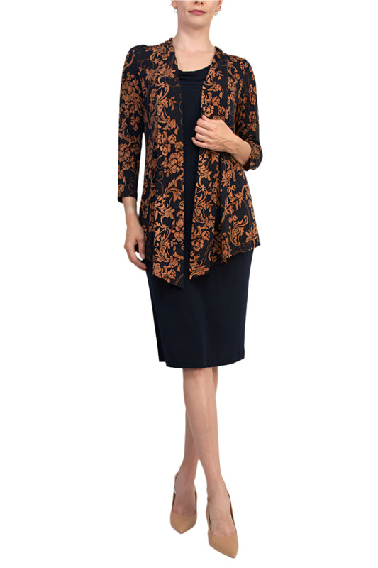 Connected Apparel Cowl Neck Straight Midi Dress with Attached Three-Quarter Sleeves Jacket