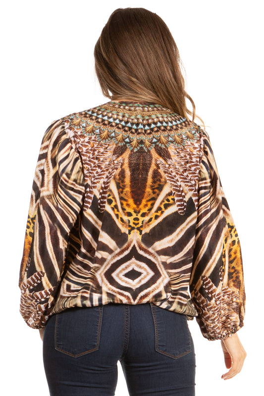Women's Boho Floral Tunic Top with V-Neck and Elastic Sleeves