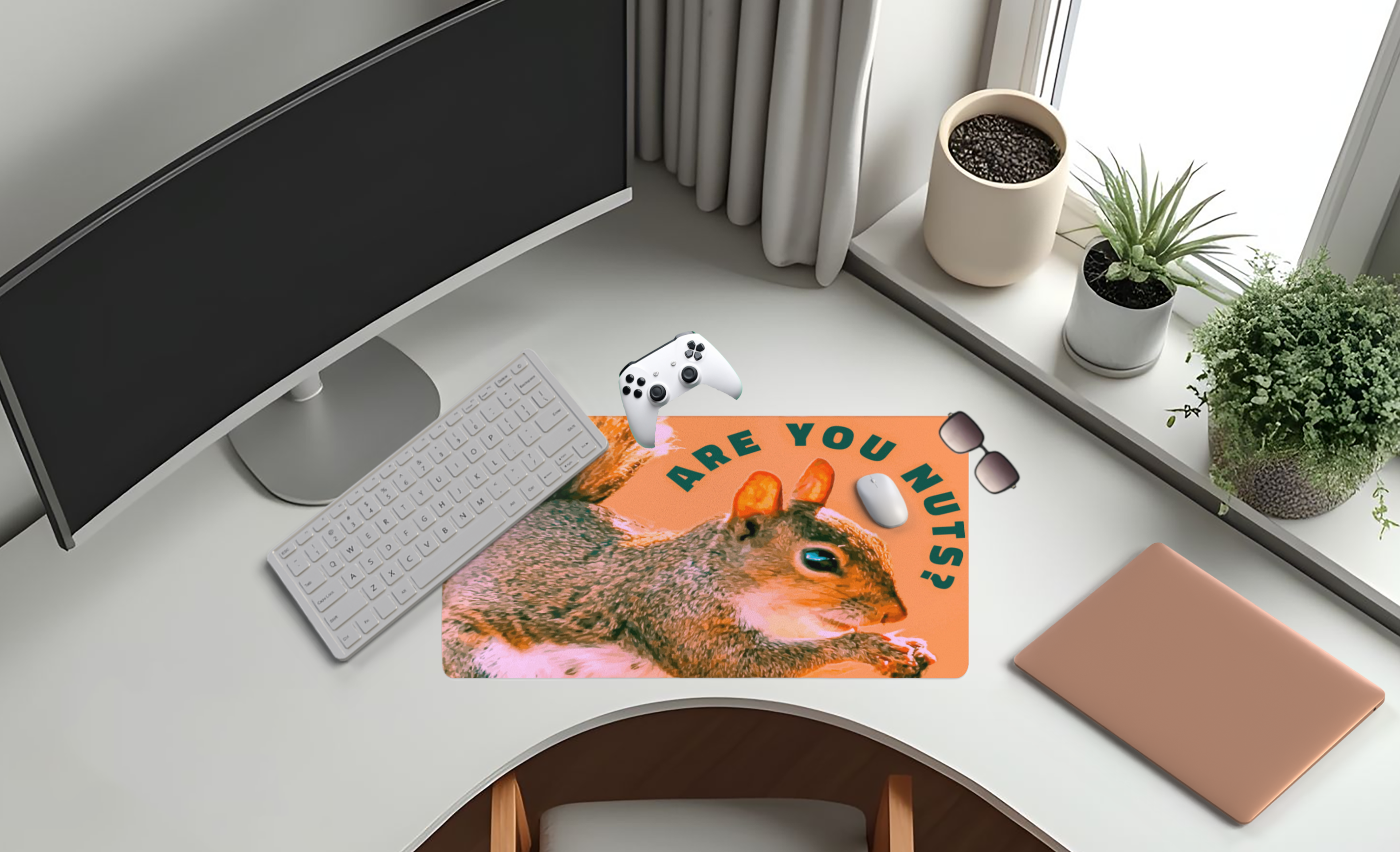 Desk setup with a computer monitor, keyboard, and mouse pad featuring a squirrel design.
