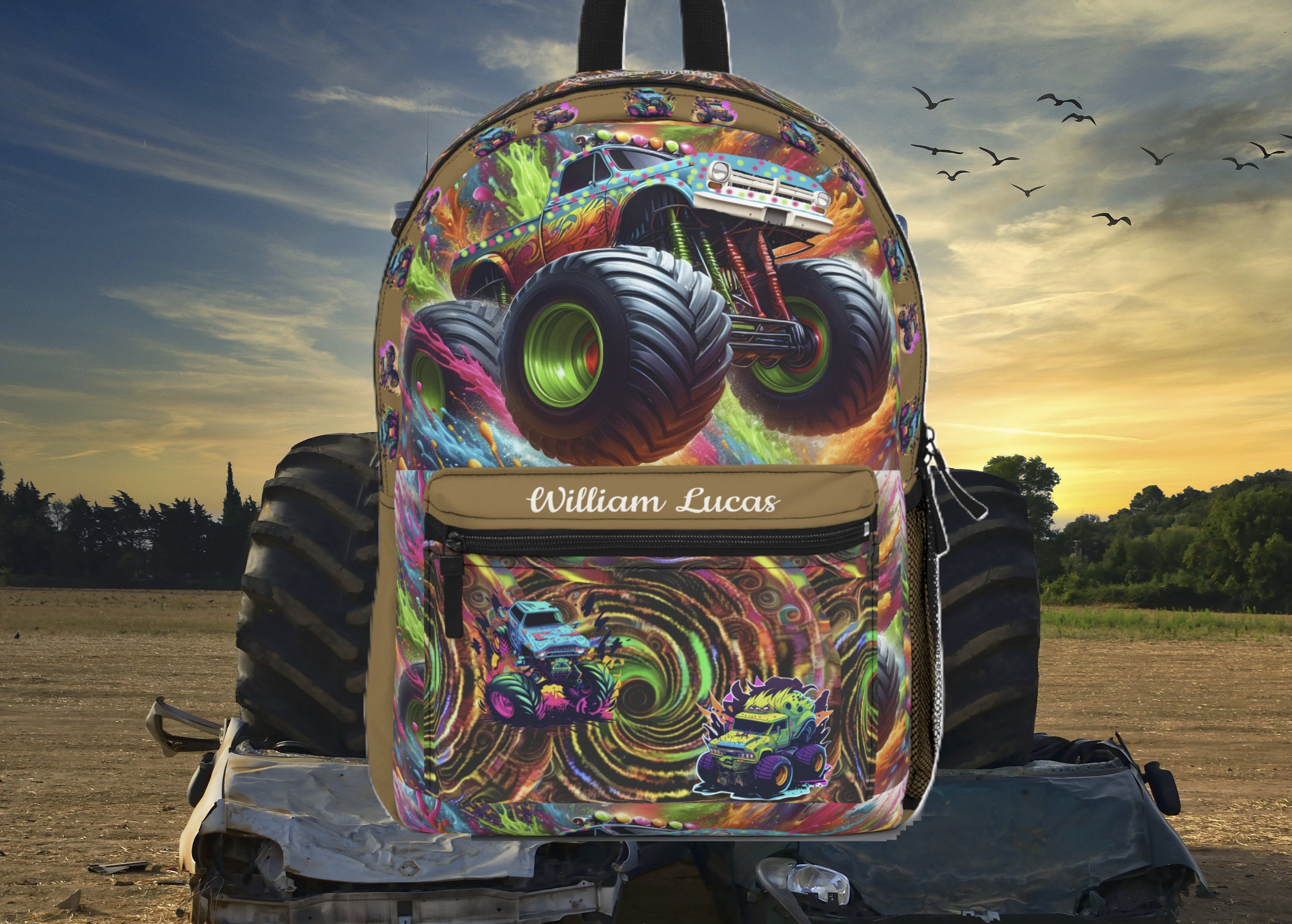 Monster Truck Backpack — Personalized  Name Kids School Bag with Neon Swirl Design