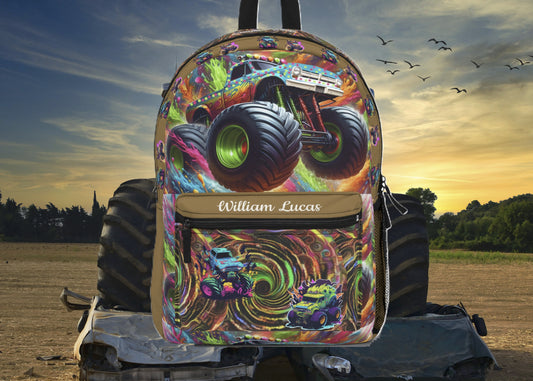 Monster Truck Backpack — Personalized  Name Kids School Bag with Neon Swirl Design