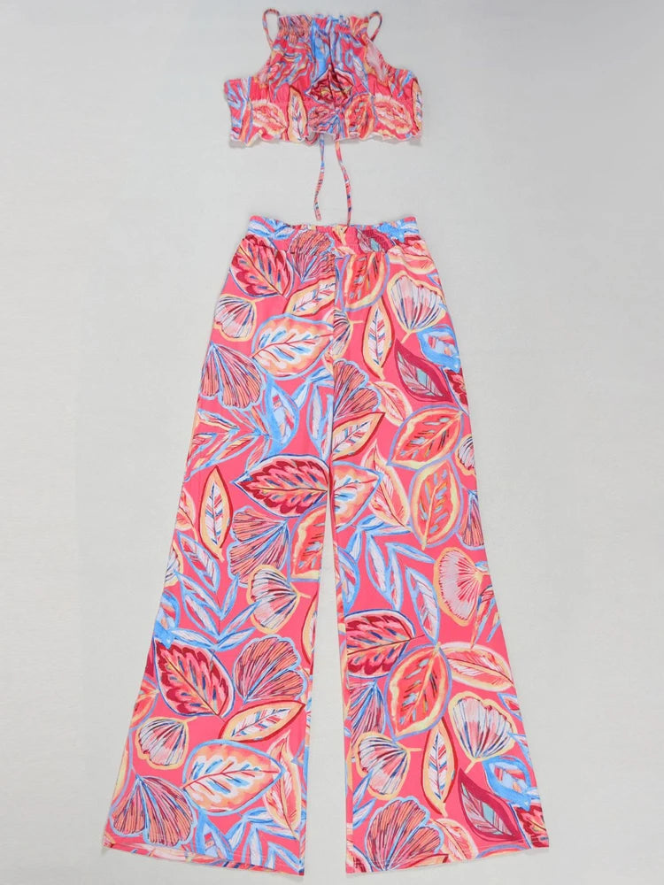 Women's Tropical Leaf Printed Lace-Back Crop Top And Wide Legs Pant Set Summer Ruched Floral Tracksuits Set Beach Outfits