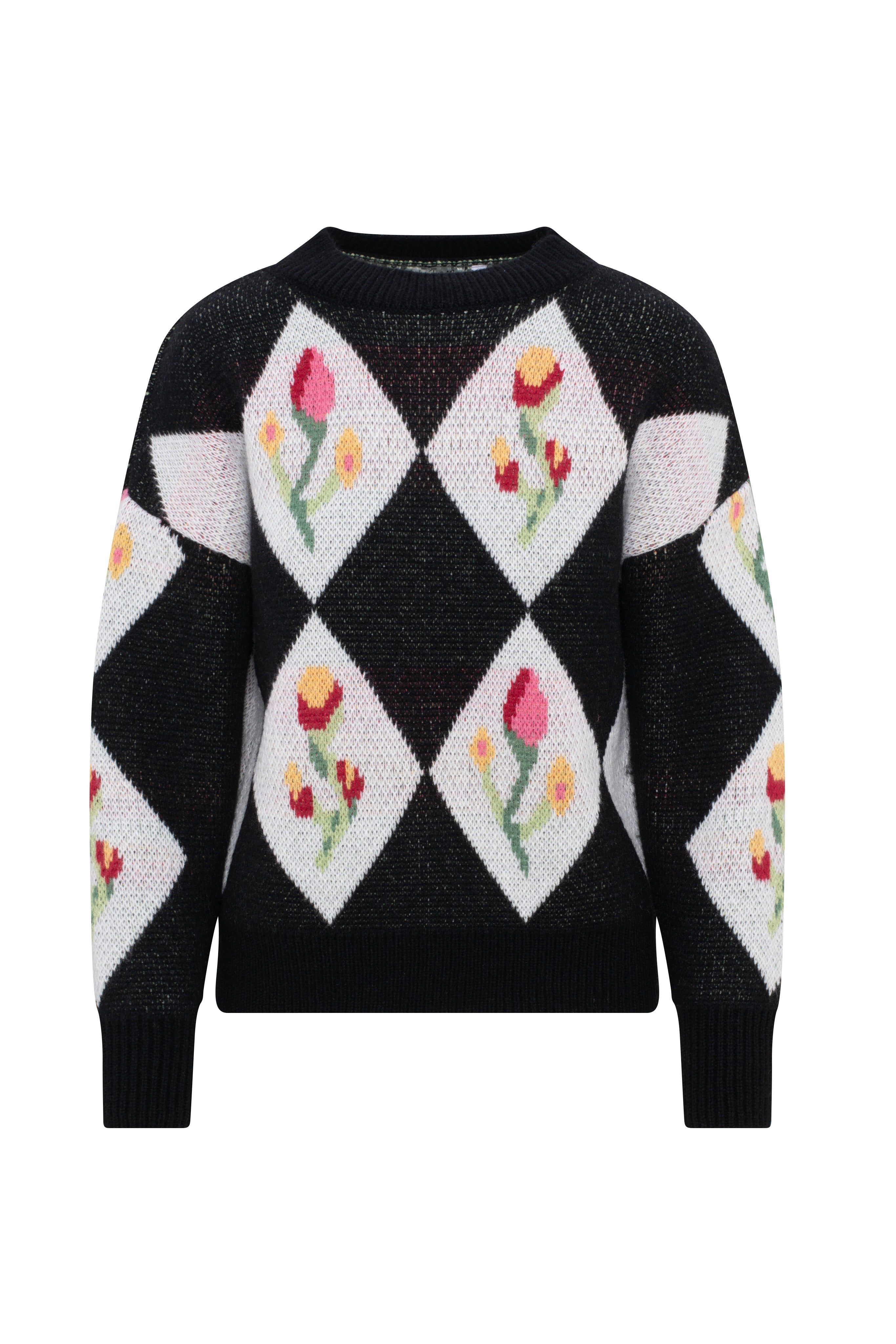 Floral Knit Diamond Pattern Chunky Sweater