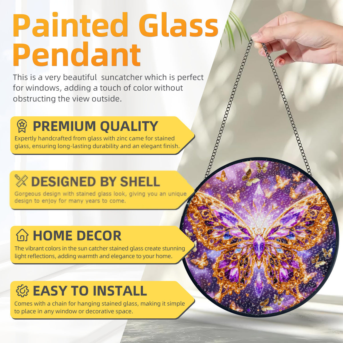 Painted glass pendant with butterfly design, held by a hand, on a white background with text highlighting features.