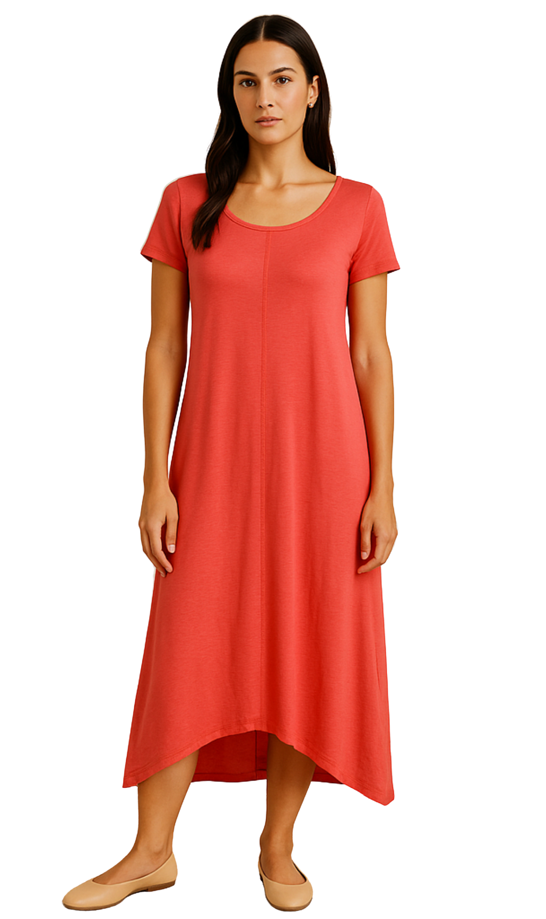 Women's Knit Wide Scoop Neck Short Sleeve Dress in A-line Asymmetrical Hem
