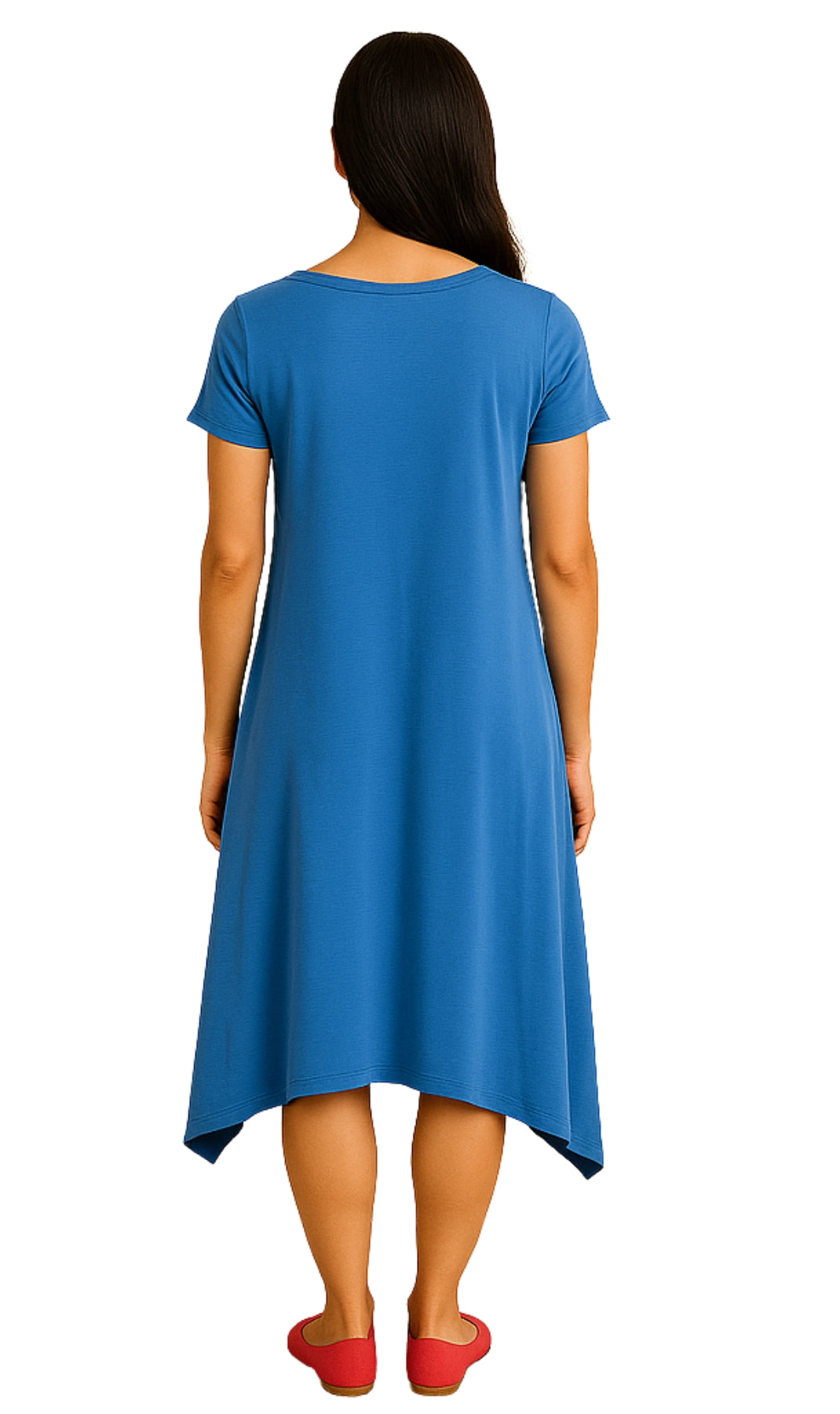 Women's Knit Wide Scoop Neck Short Sleeve Dress in A-line Asymmetrical Hem