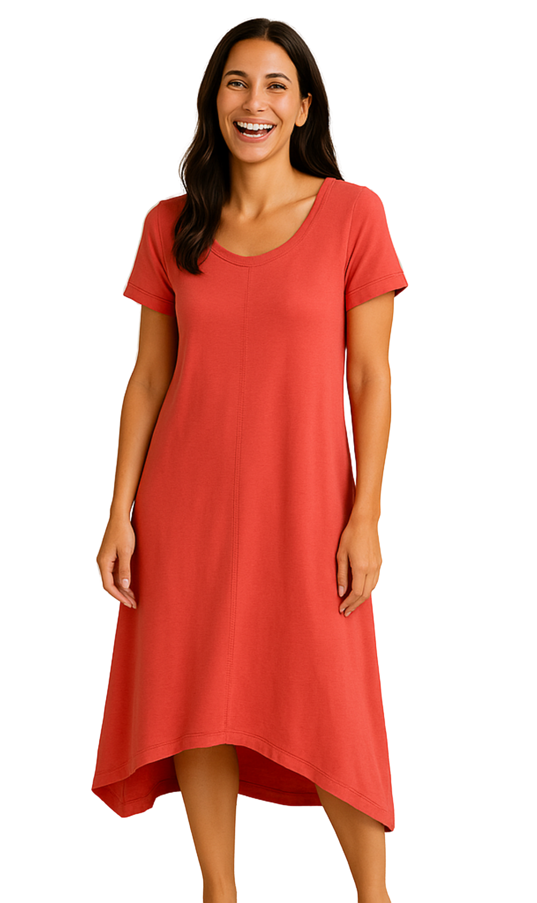 Women's Knit Wide Scoop Neck Short Sleeve Dress in A-line Asymmetrical Hem