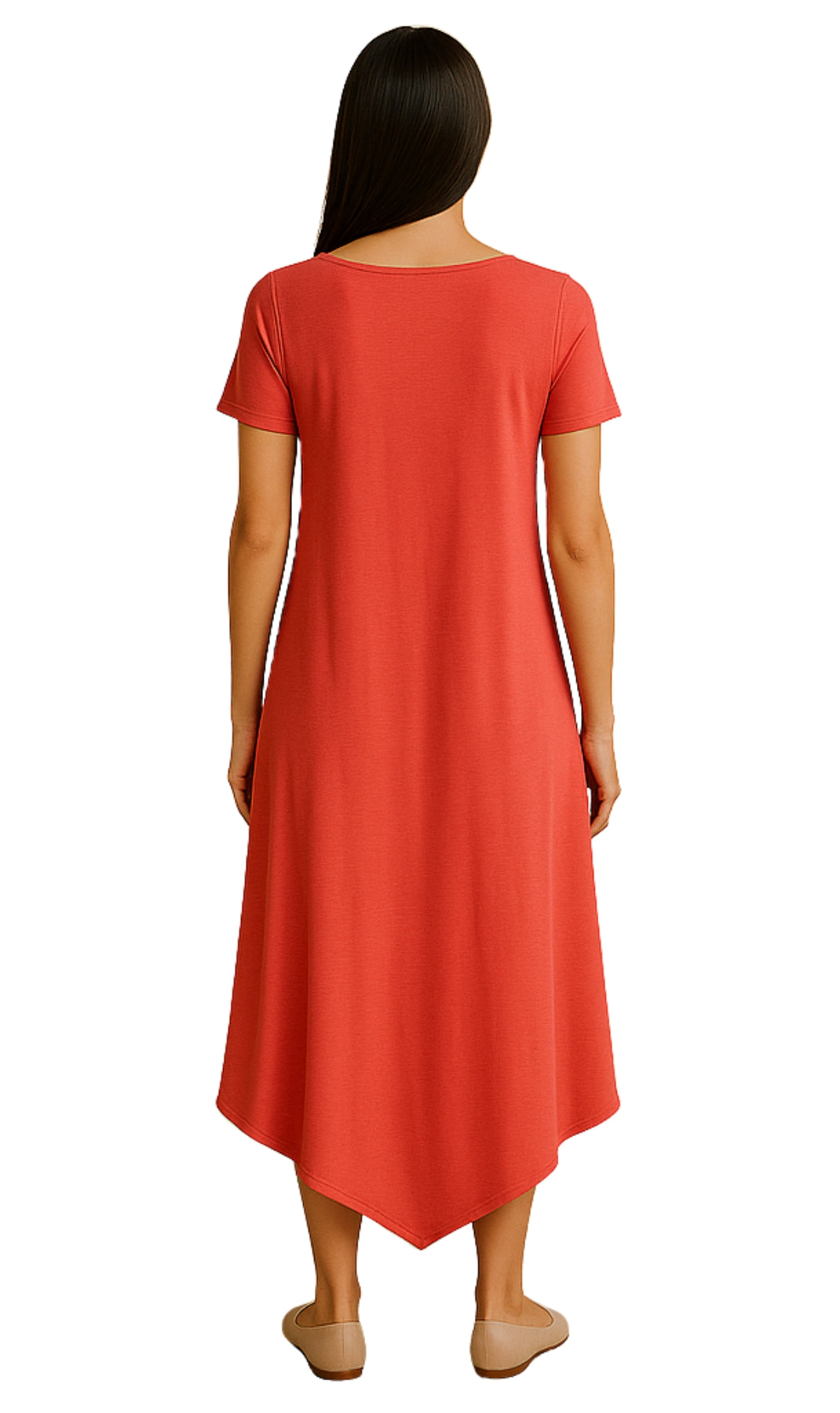 Women's Knit Wide Scoop Neck Short Sleeve Dress in A-line Asymmetrical Hem