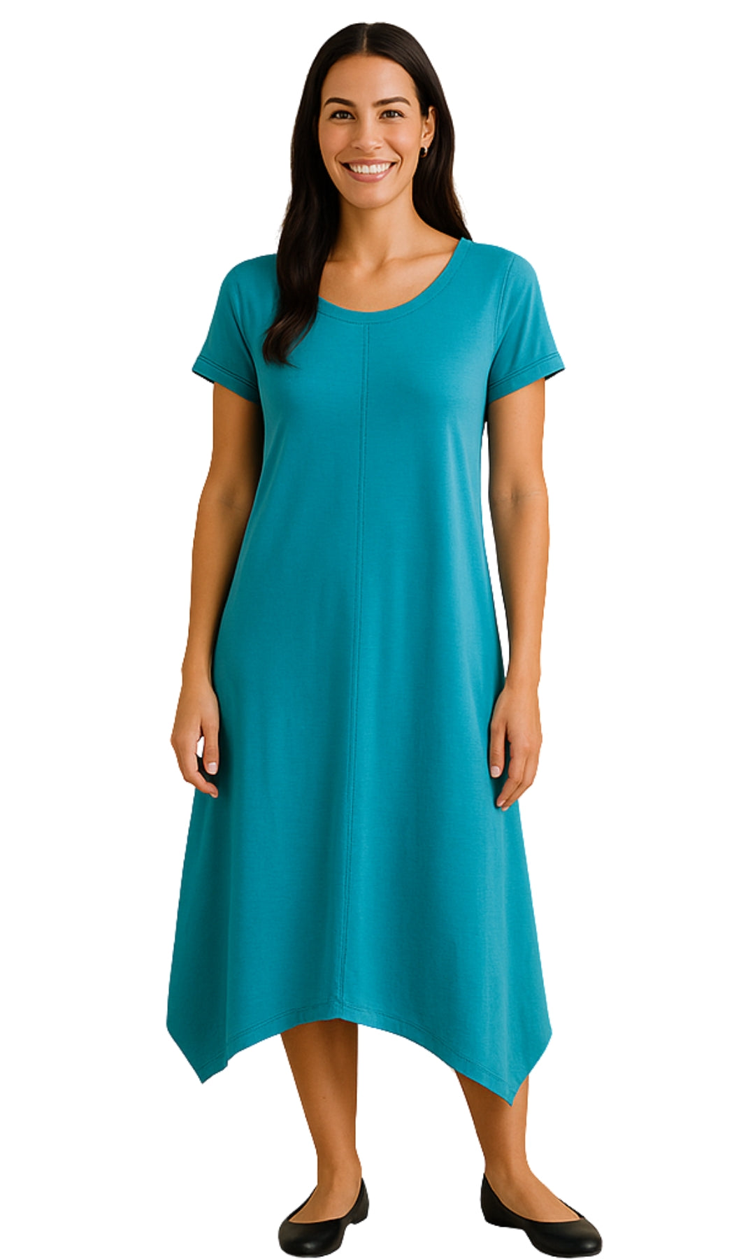 Women's Knit Wide Scoop Neck Short Sleeve Dress in A-line Asymmetrical Hem