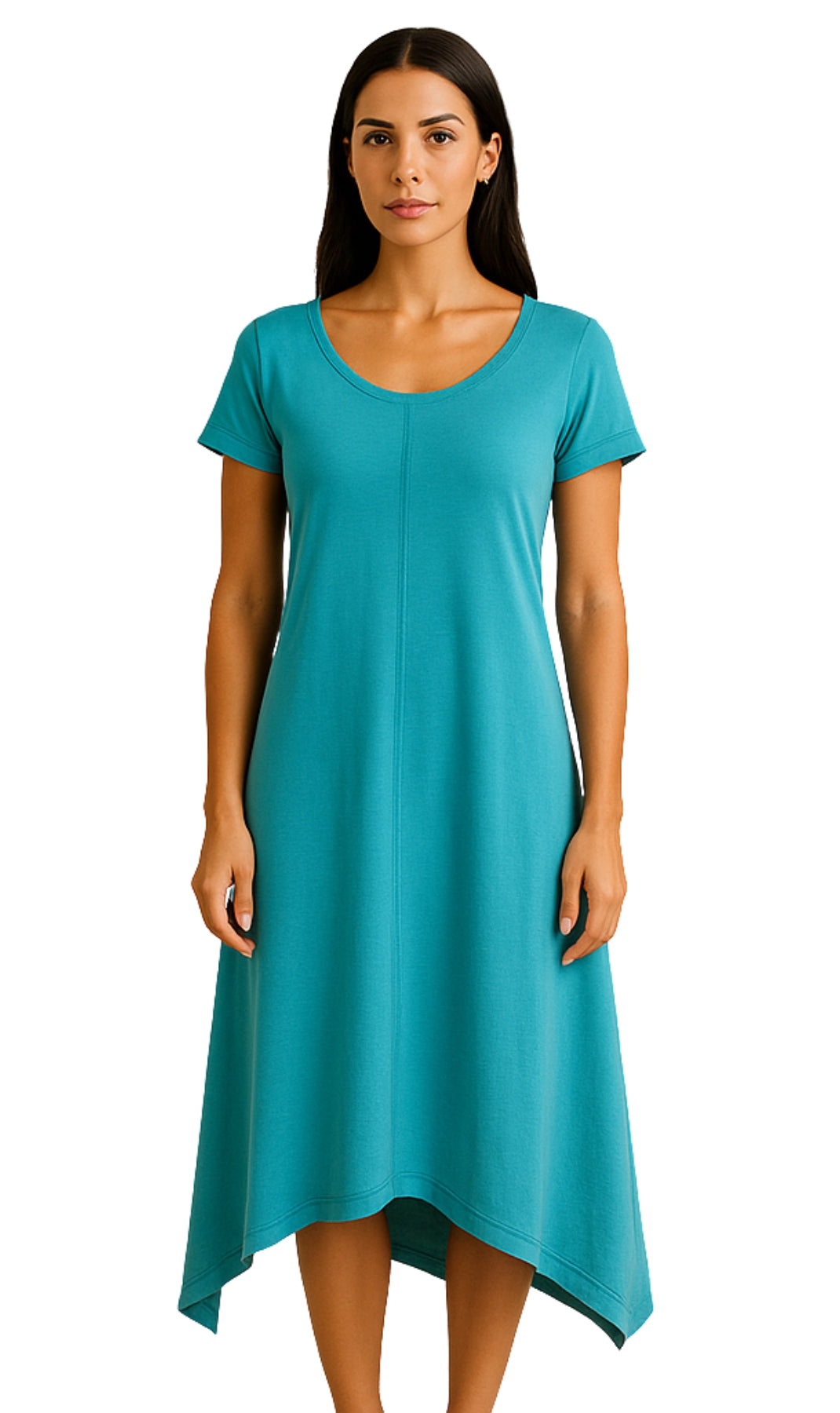 Women's Knit Wide Scoop Neck Short Sleeve Dress in A-line Asymmetrical Hem
