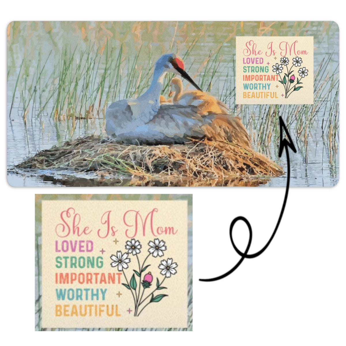 She is Mom Sandhill Crane with Baby Chick Mousepad Desk Mat - available in 2 sizes