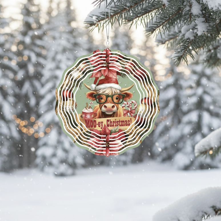 Moo-ey Christmas Highland Cow Metal Wind Spinner Outdoor Decor