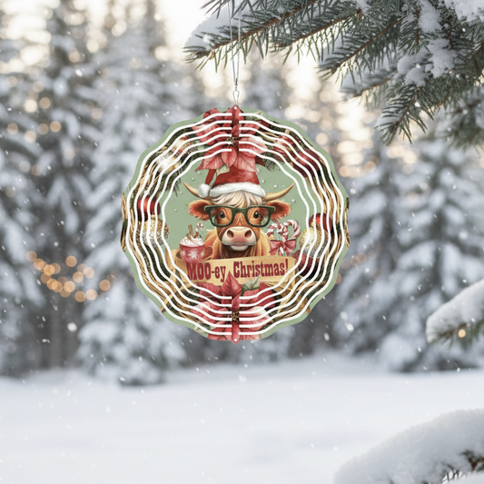 Moo-ey Christmas Highland Cow Metal Wind Spinner Outdoor Decor