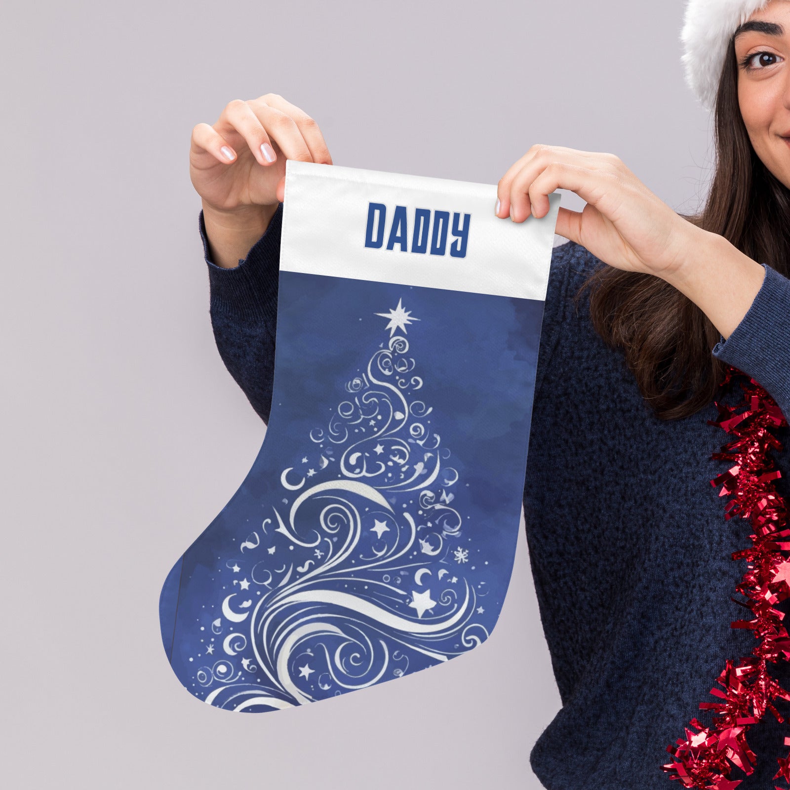 Personalizable Silver Swirls Christmas Tree on Blue Christmas Stocking (Made in USA)