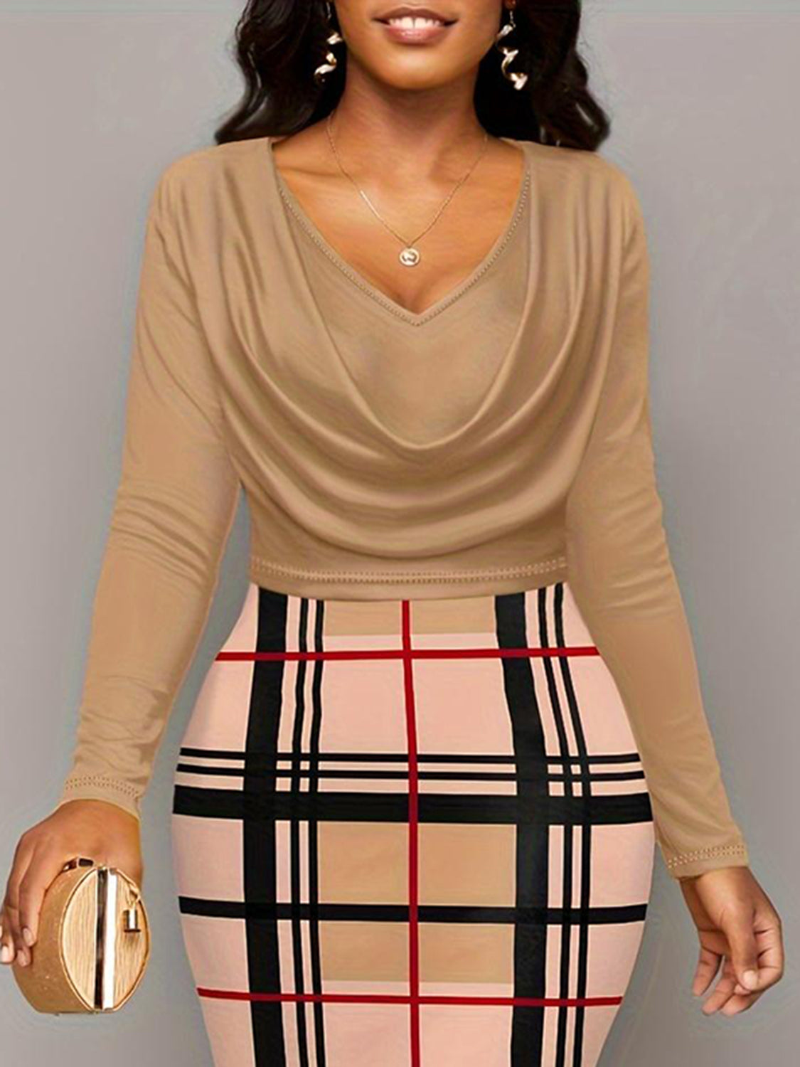 Women's Plus Size Plaid Long Sleeve Knee Length Dress