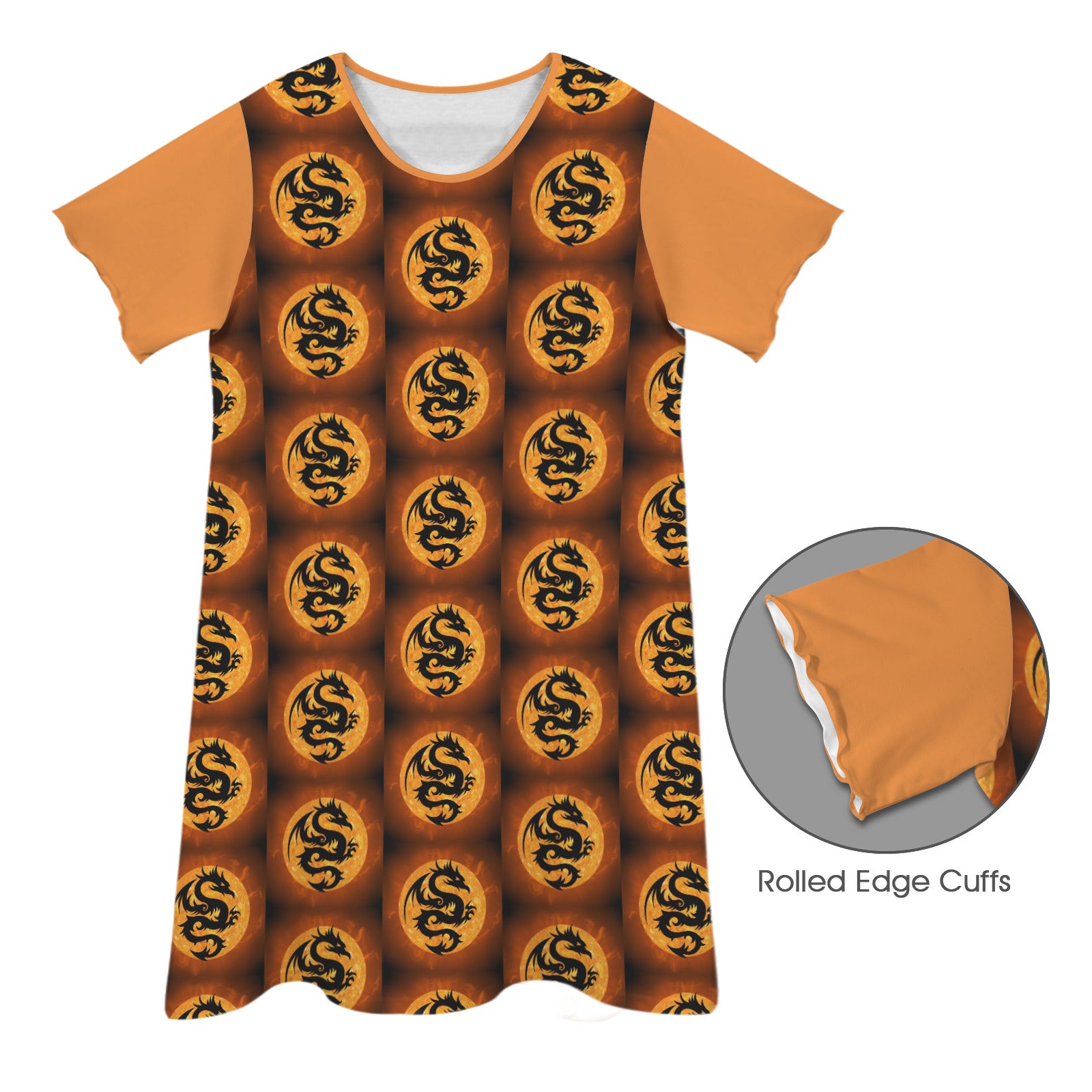 Orange Fire Dragon Women's Crew Neck Short Sleeve T-shirt Dress