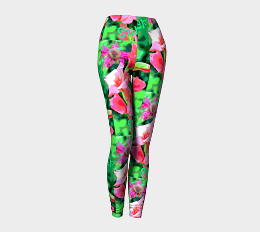 Pink Summer Flowers Printed Long Yoga Leggings