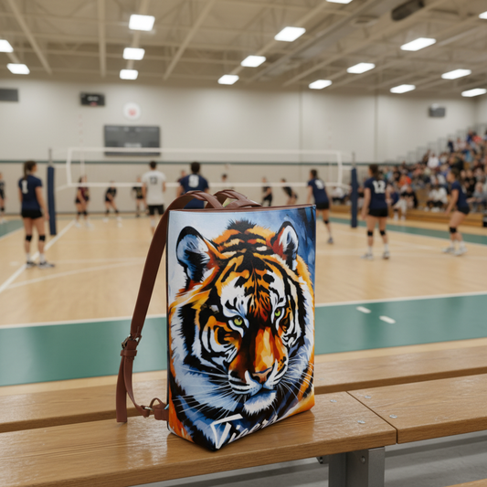 Backpack with a tiger design on a light gray background