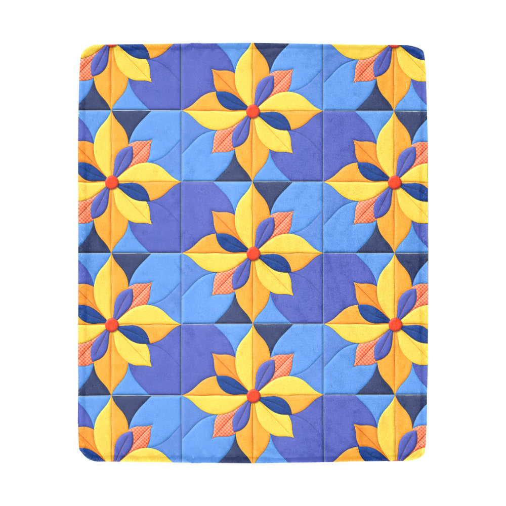 Orange Pinwheels on Blue Faux Quilt Ultra-Soft Micro Fleece Blanket (Made in USA)