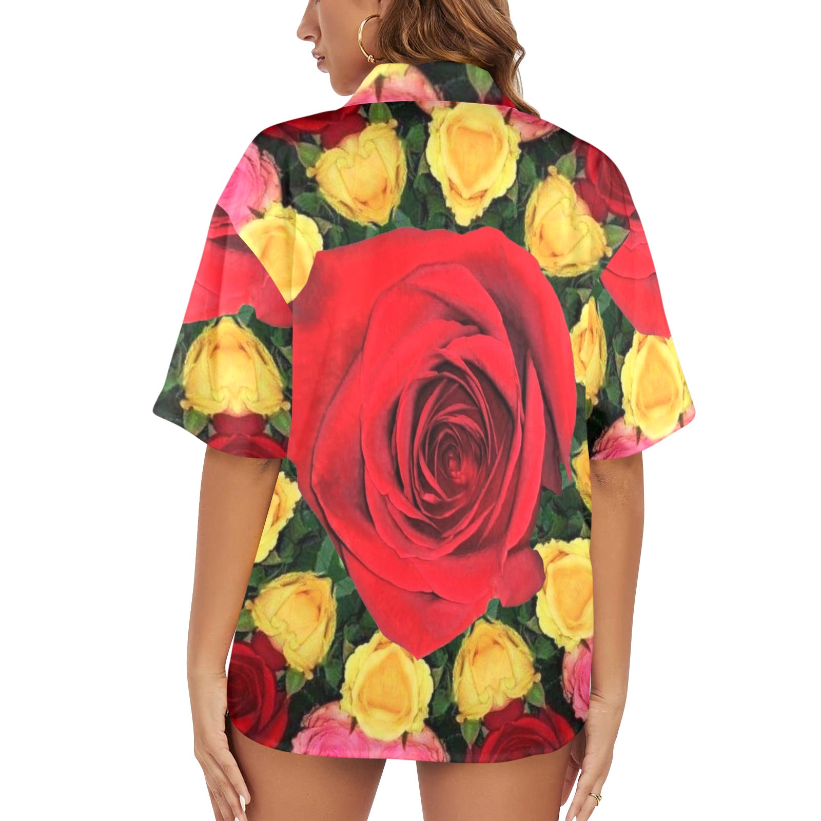 Women's Red Yellow & Pink Roses Hawaiian Shirt (Made in USA)