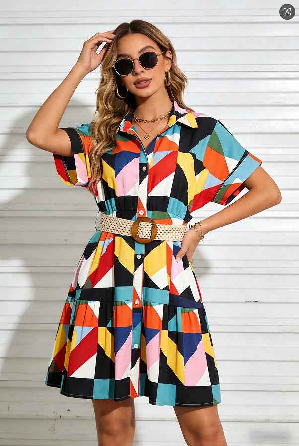 Women’s Belted Short Sleeve Midi Dress