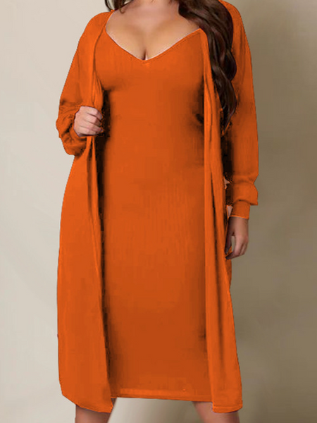 Women's V-neck Long Sleeved Orange Dress and Cardigan 2-Piece Set up to 2XL