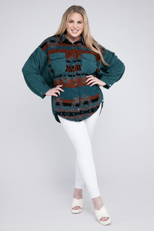 Women's Plus Size Printed Button Down Long Sleeve Jacket