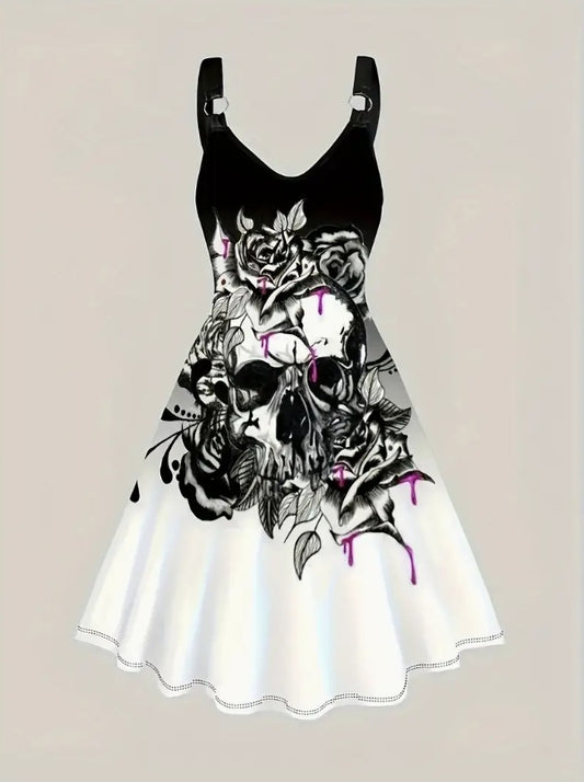 Boho Chic Black & White Skull Sleeveless Skater Short Dress