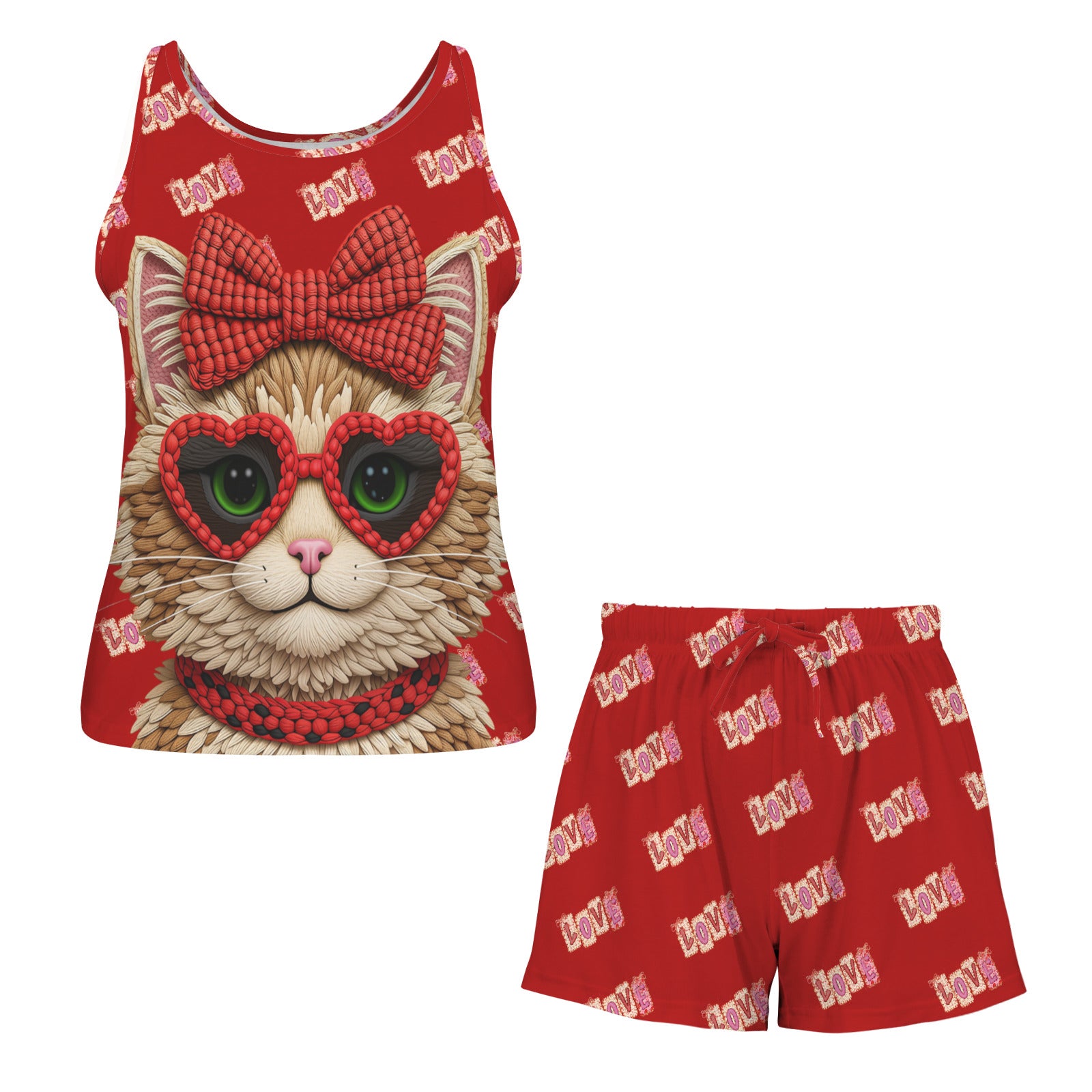 Cool Yarn Cat with Love Women's 2-piece Tank Top Pajama Shorts Set (Made in USA)
