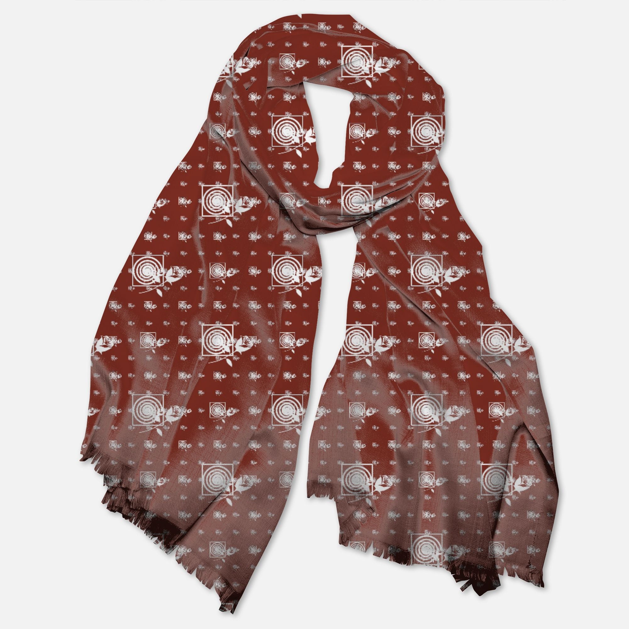 Red scarf with white patterns on a white background