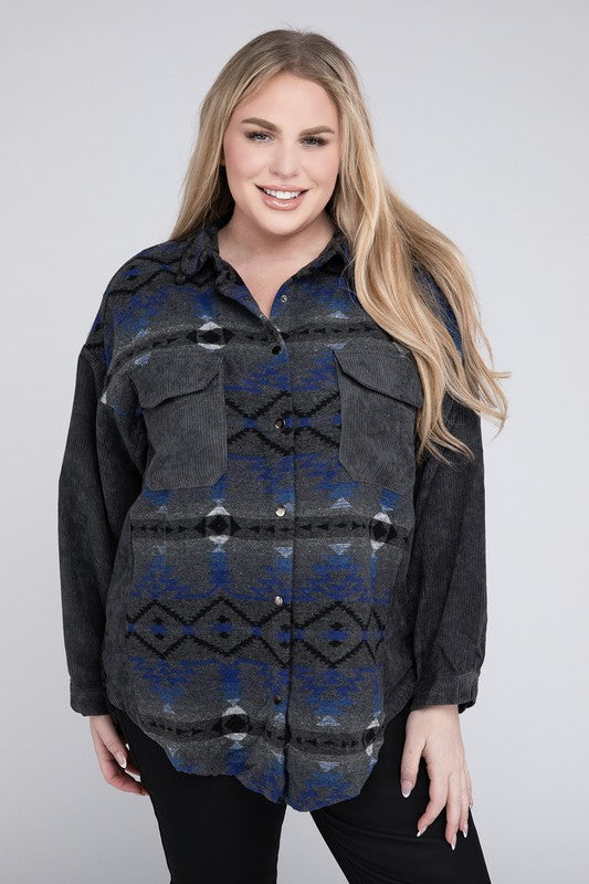 Women's Plus Size Printed Button Down Long Sleeve Jacket