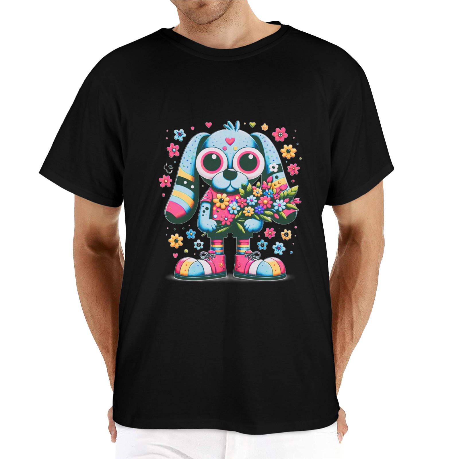 Cartoon Dog with Bouquet of Flowers Men's Heavy Cotton T-Shirt (Made in USA)