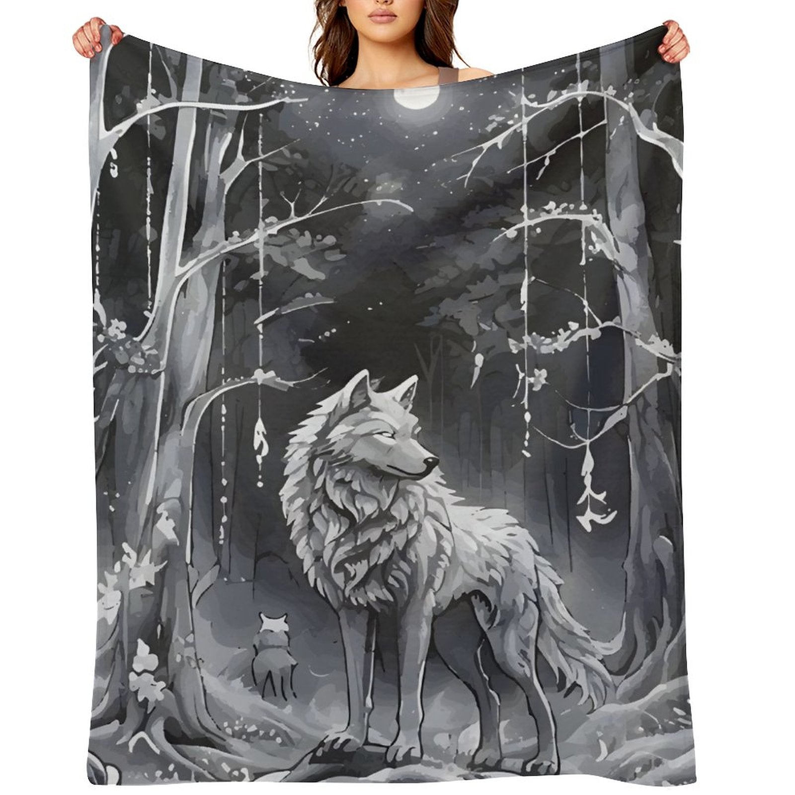 Ethereal Wolf in the Moonlight Flannel Throw Blanket for Bedroom - 30