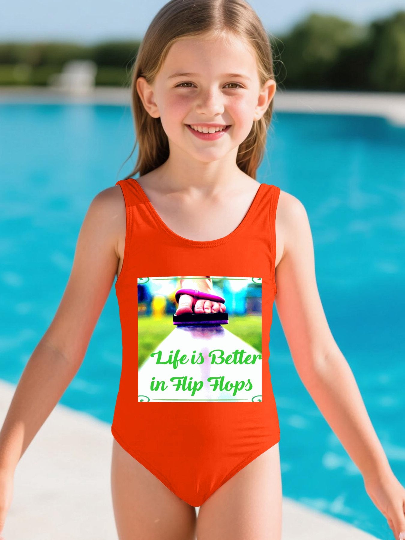 Life is Better in Flip Flops Girls' Summer One-Piece Swimsuit with Front Printing