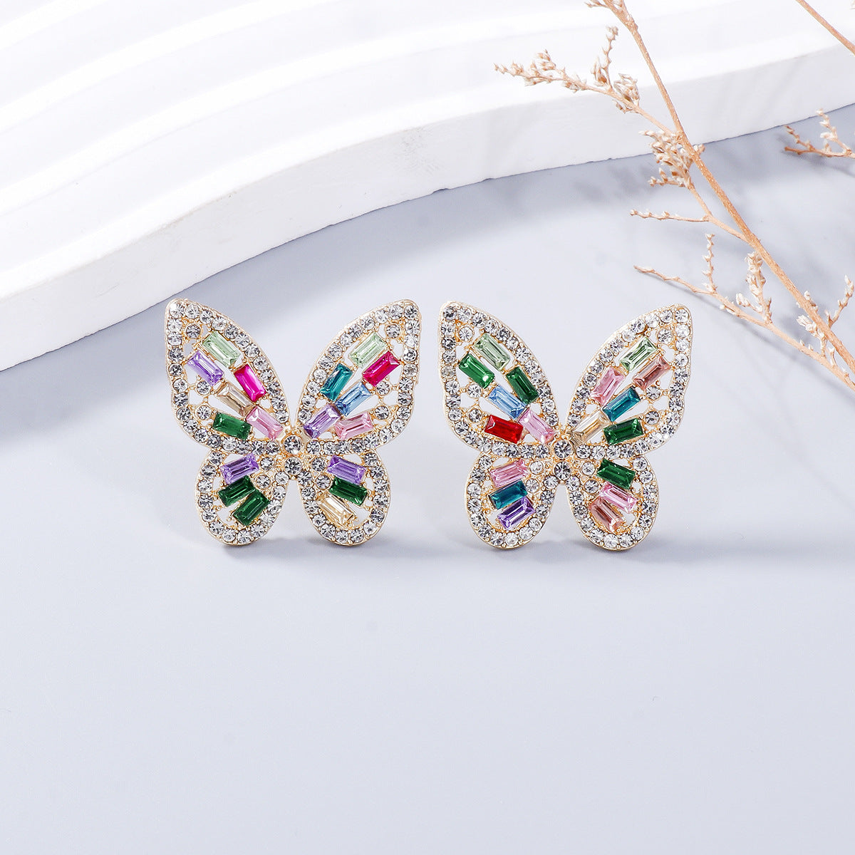 Alloy Inlaid Colorful Rhinestone Butterfly Earrings