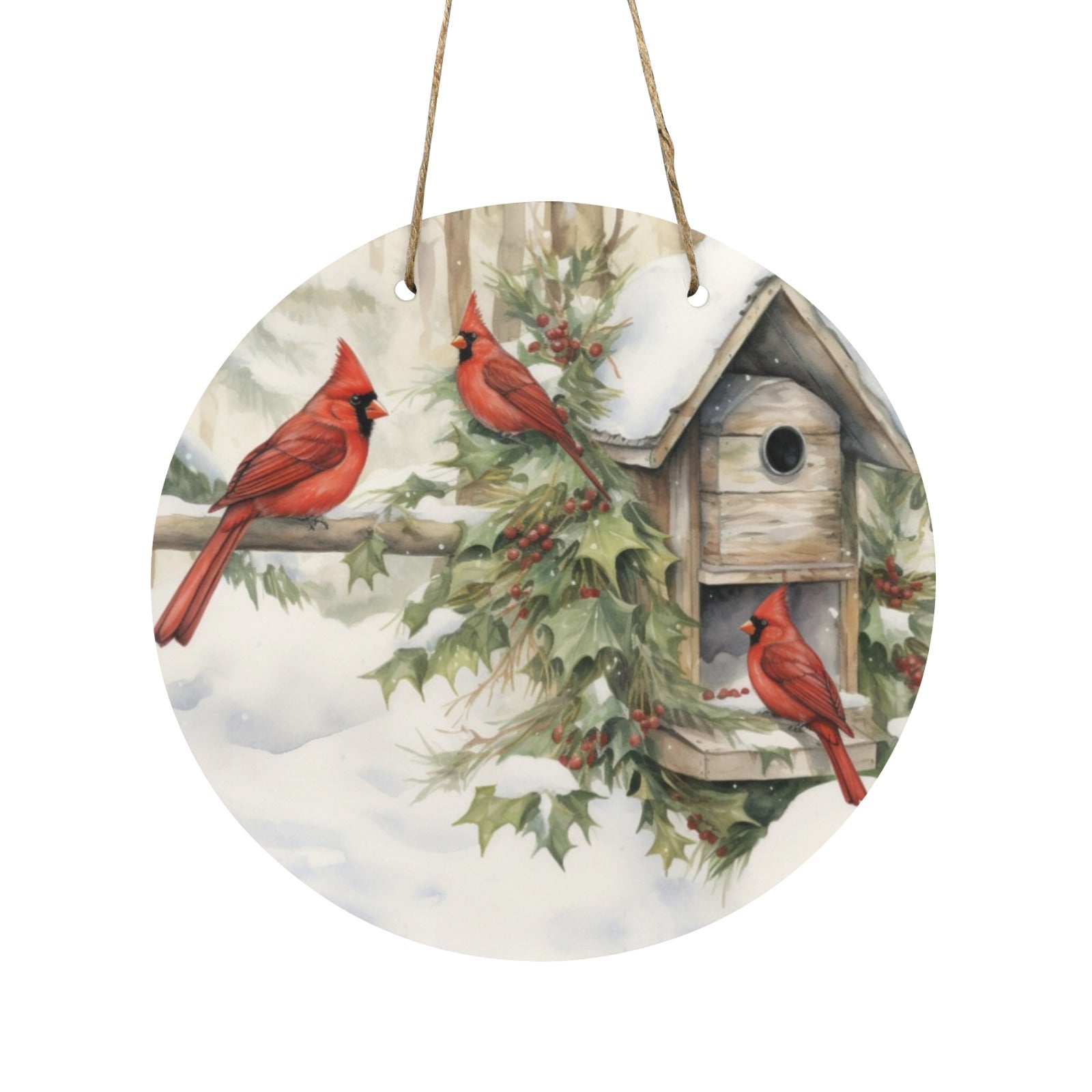 Red Birds in Snow Round Wooden Door Sign 11.8'' (Made in USA)