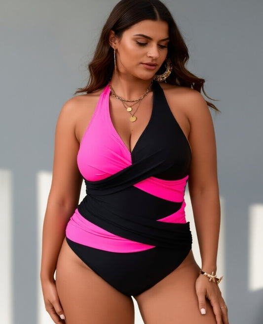 Women's Magenta & Black Plus Size One-piece Casual Swimsuit
