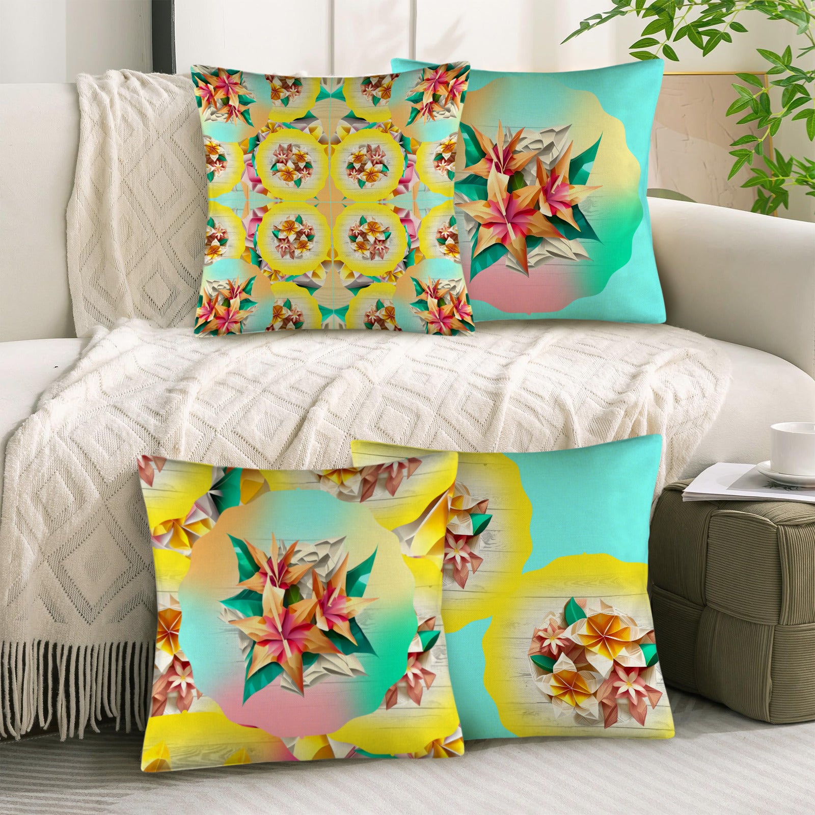 Circle Floral Pastel Pattern Custom Pillow Case 18x18inch (One Side with Different Printing)(Pack of 4) | Ships from USA
