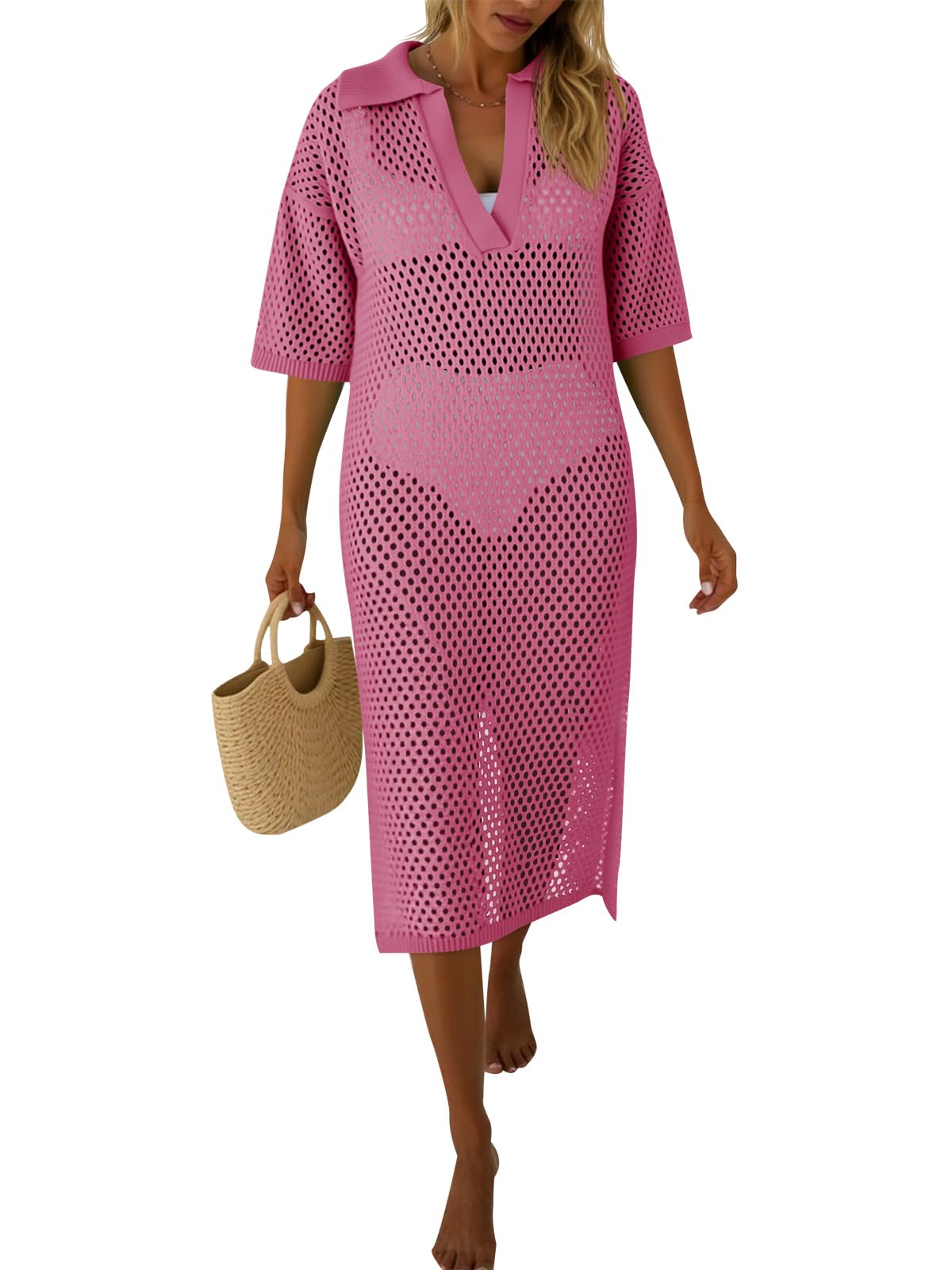 Women's Crochet Hollow Out Short Sleeve Swimsuit Coverup