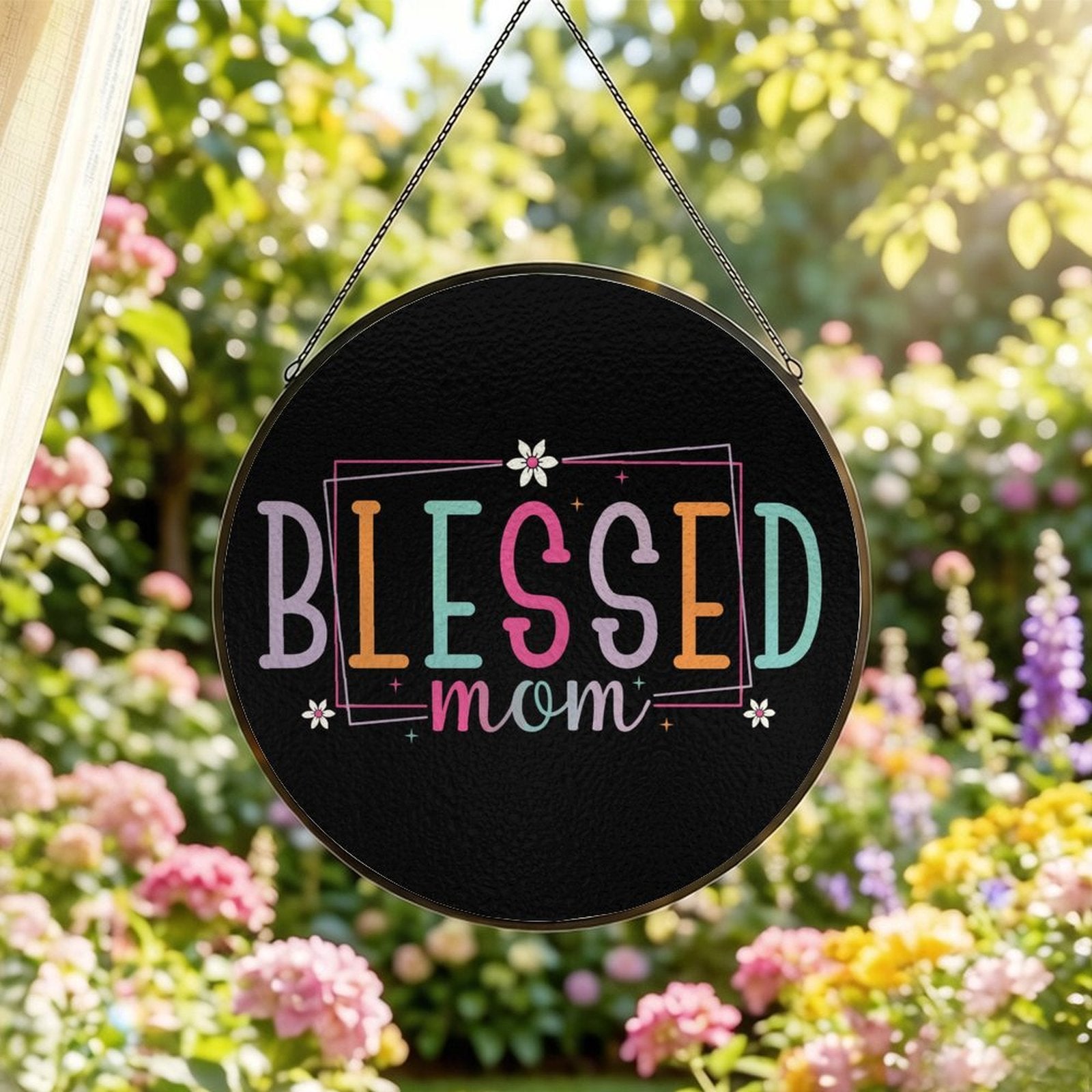 Blessed Mom Black Glass Suncatcher with Chain