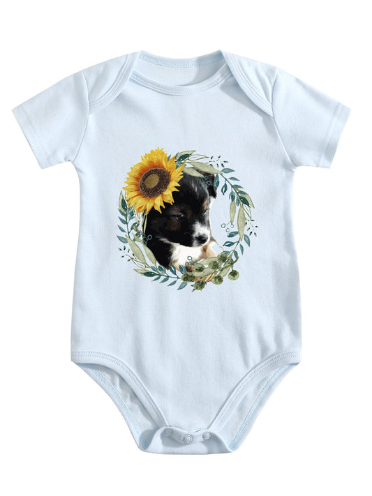 Cute Black Puppy Unisex Cotton Short Sleeve Baby Romper